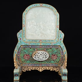 An Exquisite Cloisonne Inlaid White Jade Figure Pattern Table Screen,with poem