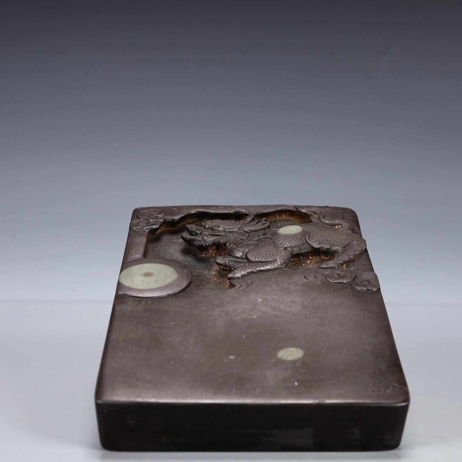 A Rare Kylin Pattern Inkstone: A Rare Kylin Pattern Inkstone,Qing Dynasty, China,With Mark,Size:5.5inx3.9inx0.8in,Weight:800g 麒麟纹砚台,中国清代,带款