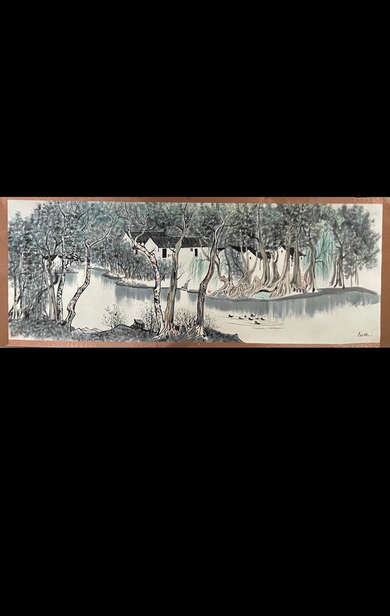 A Chinese Ink Painting of Landscape on Paper: A Chinese Ink Painting of Landscape on Paper,Wu Guanzhong,Size:55.1inx141.7in 一幅中国水墨山水画,吴冠中