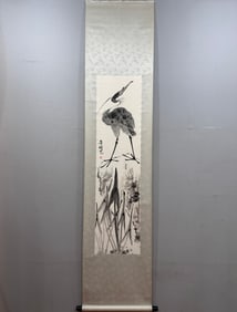 A Chinese Vertical Scroll Ink Painting of Pine and Crane on Paper