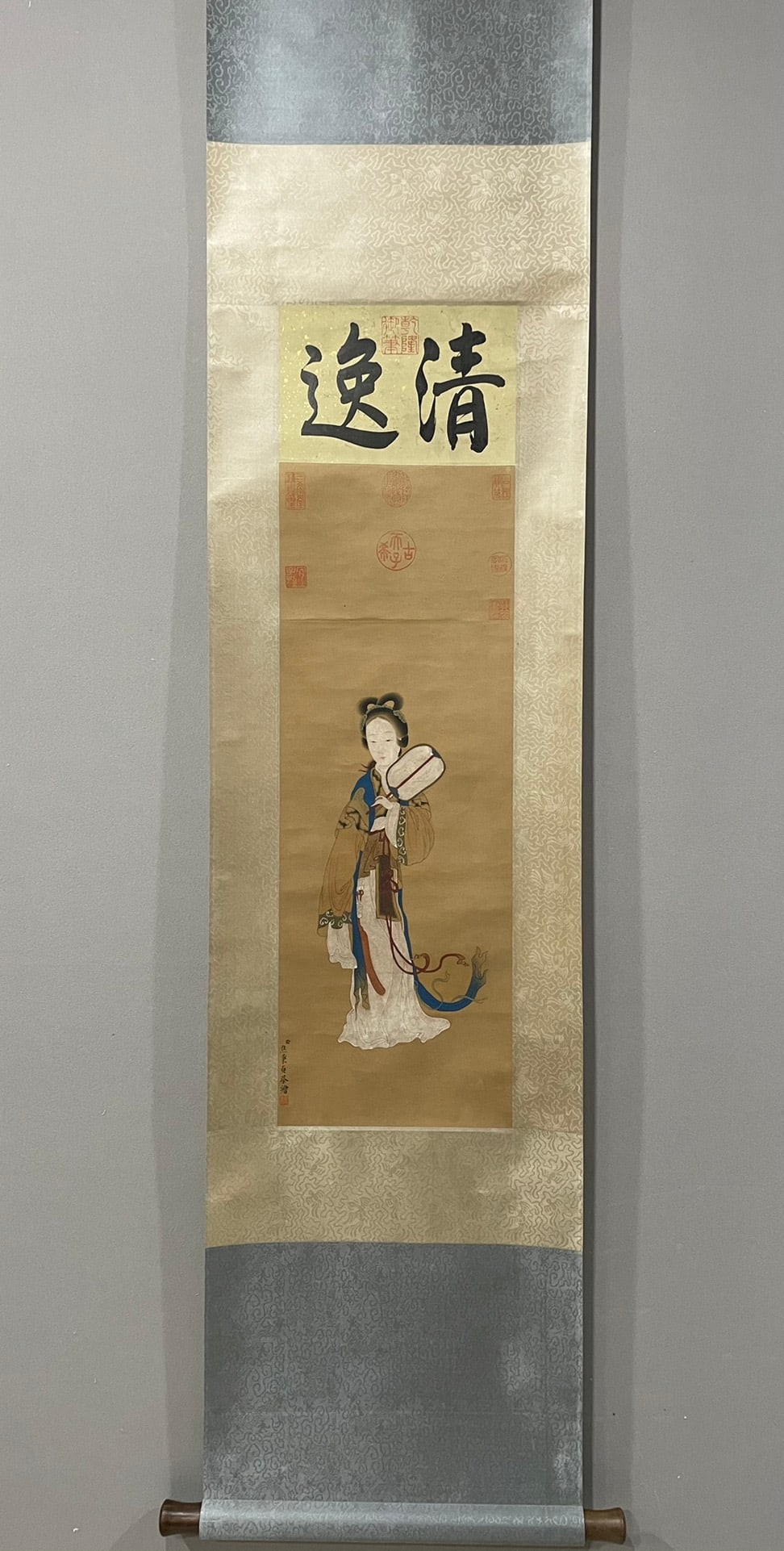 A Chinese Vertical Scroll Ink Painting of Figure on Silk: A Chinese Vertical Scroll Ink Painting of Figure on Silk,Jiao Bingzhen,Size:29.5inx10.6in 