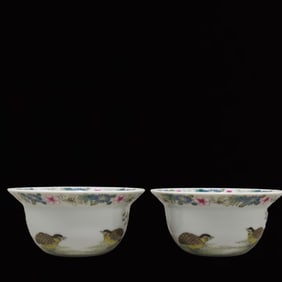 A Pair of Exquisite Famille-Rosee Quail Pattern Cups