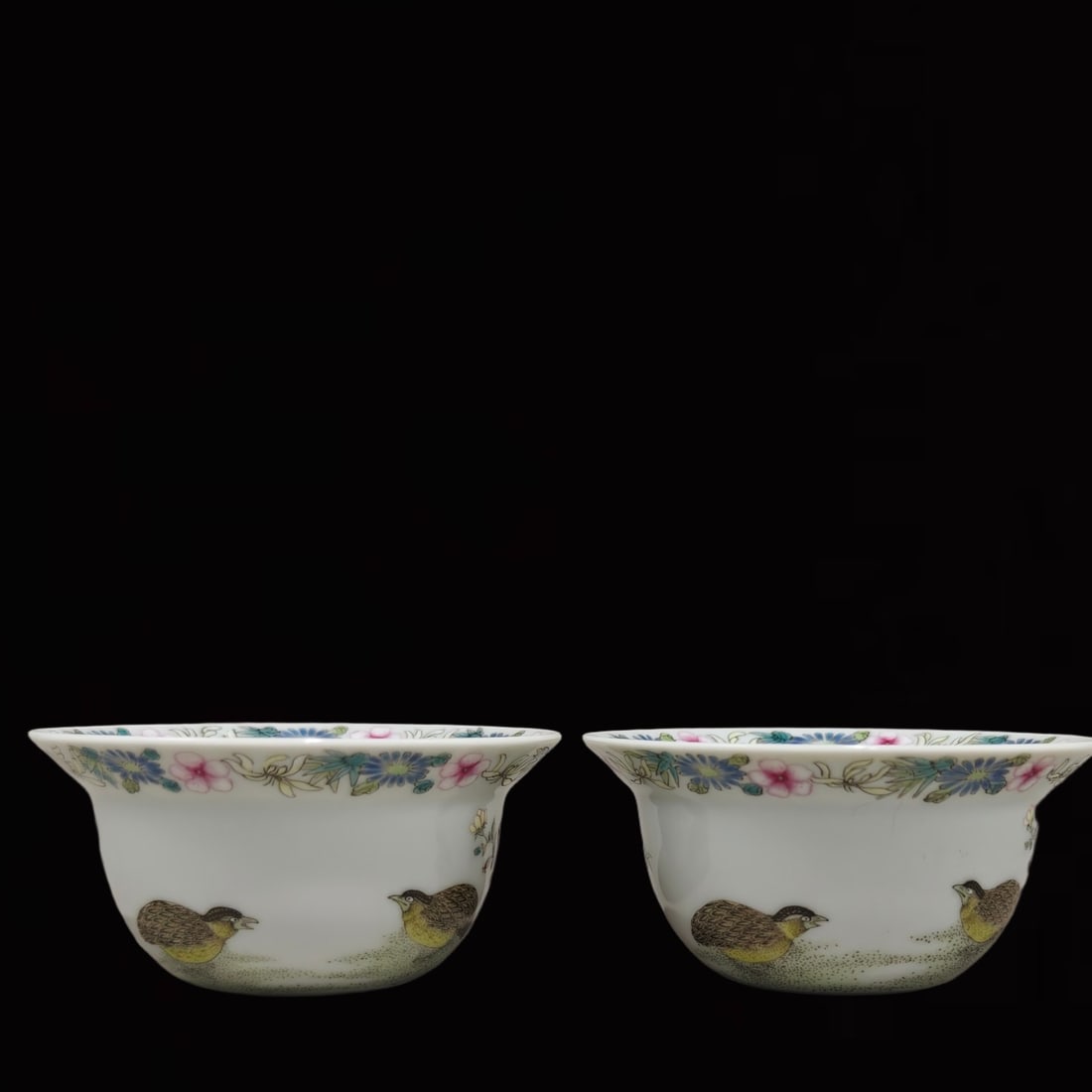 A Pair of Exquisite Famille-Rosee Quail Pattern Cups: A Pair of Exquisite Famille-Rosee Quail Pattern Cups,Qing Dynasty,China,Qianlong Six-Character Mark,Size:1.8inx3.5in 