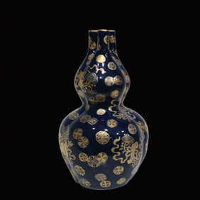 An Exquisite Ji Blue Glazed Painted Gold Covered Silver-Gold Eight Treasures Pattern Gourd Vase