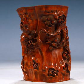 An Exquisite Huanghuali wood Pine, Bamboo and Plum Blossom Pattern Brush Pot