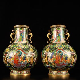 A Pair of Exquisite Cloisonne Lotus and Figure Pattern Dragon-Ears Vase