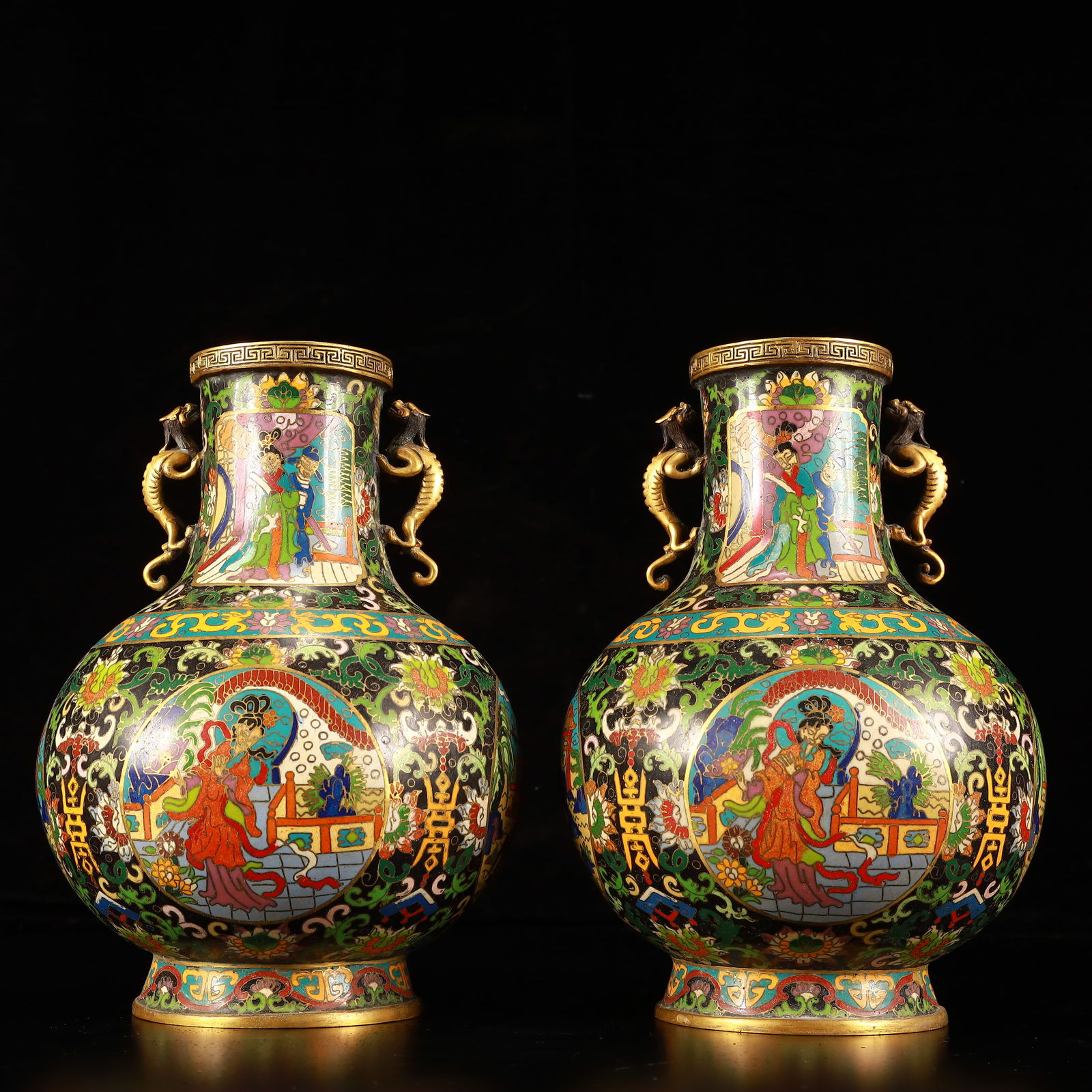A Pair of Exquisite Cloisonne Lotus and Figure Pattern Dragon-Ears Vase (1 of 13)