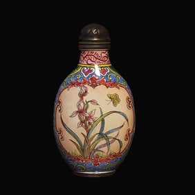 An Exquisite Painted Enamel on Copper Flower and Butterfly Pattern Snuff Bottle