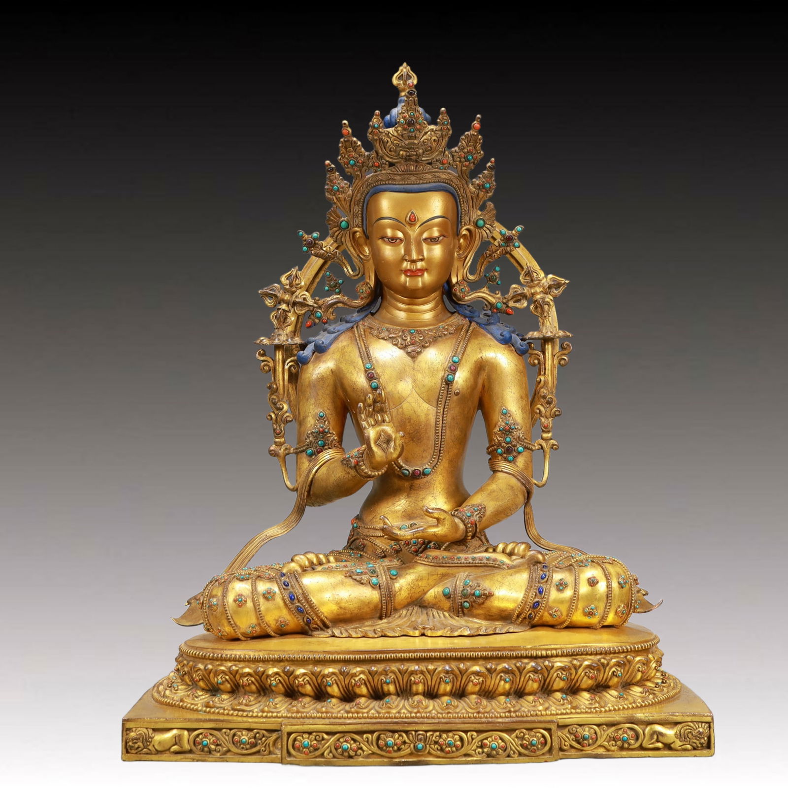 A Solemn Gilt Bronze Statue of Avalokitesvara,Inlaid Turquoise: A Solemn Gilt Bronze Statue of Avalokitesvara,Inlaid Turquoise,Ming Dynasty, China,Size:19.7inx14.6inx25.6in,Weight:32300g 
