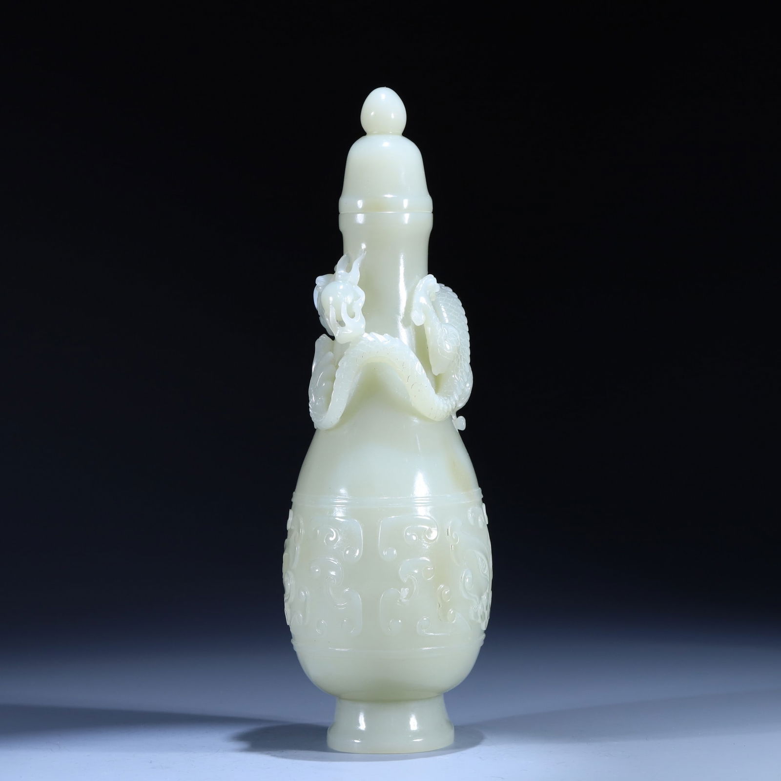 An Exquisite White Jade Beast-Face and Dragon Pattern Bottle - 5