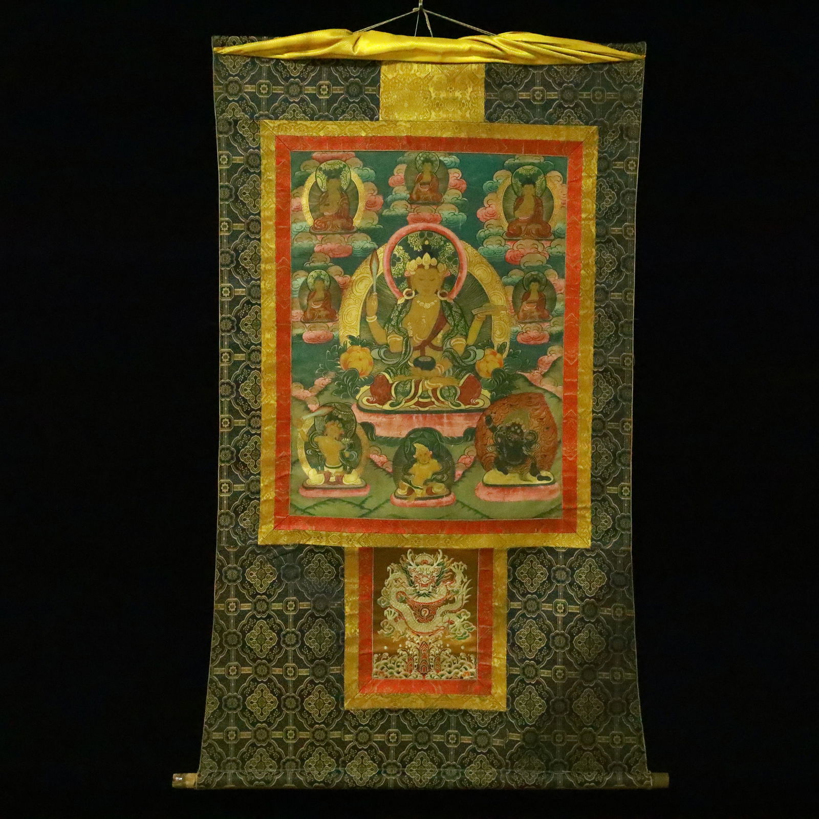 A Rare Brocade Painted Color Statue of Manjusri Tangka: A Rare Brocade Painted Color Statue of Manjusri Tangka,Qing Dynasty, China,Size:34.3inx60.6in 