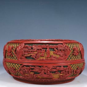 A Rare Carved Red Lacquer Landscape,Figure and Dragon Pattern Cover Box