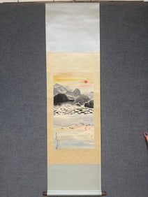 A Chinese Vertical Scroll Ink Painting of Landscape on Paper