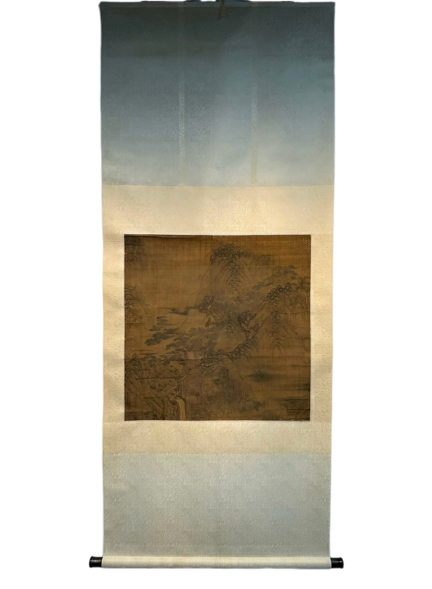A Chinese Vertical Scroll Ink Painting of Landscape on Silk: A Chinese Vertical Scroll Ink Painting of Landscape on Silk,Chou Ying,Size:26.8inx26.8in 