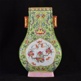 An Exquisite Green Glazed Famille-Rose Painted Gold Bats and Peach Pattern Double-Ears Vase