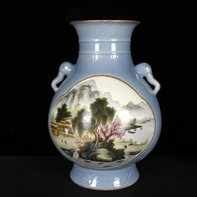 A Huge Celadon Glazed Enamel Painted Gold Landscape Pattern Elephant-Ears Vase