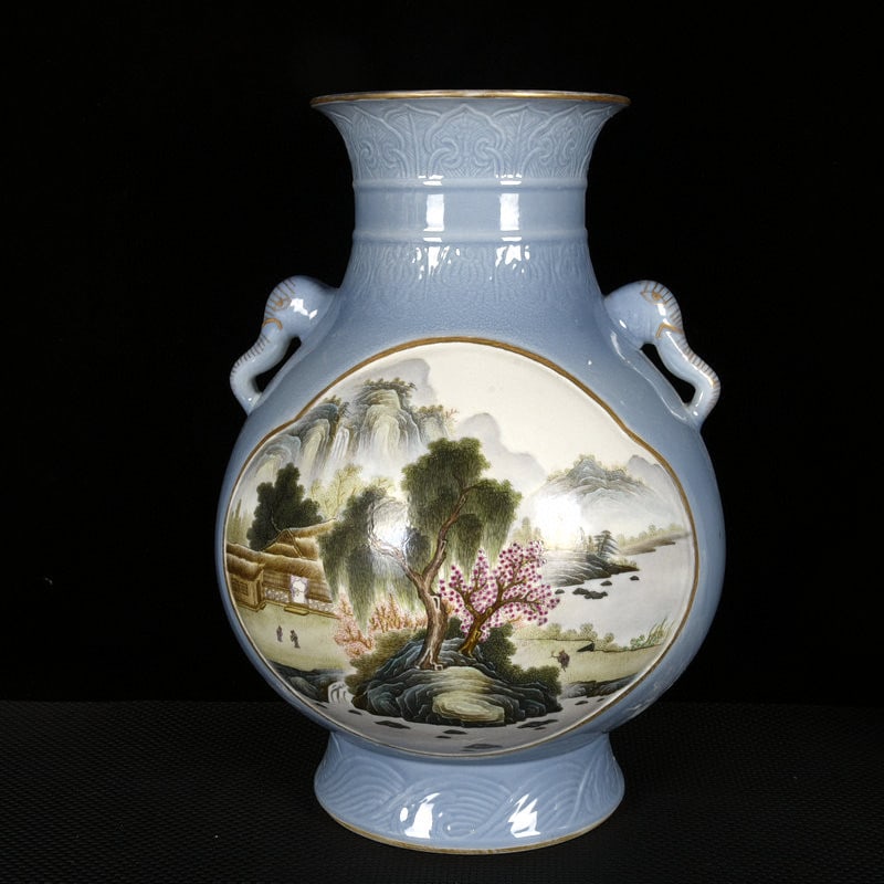 A Huge Celadon Glazed Enamel Painted Gold Landscape Pattern Elephant-Ears Vase: A Huge Celadon Glazed Enamel Painted Gold Landscape Pattern Elephant-Ears Vase,Qing Dynasty,China,Guangxu Six-Character Mark,Size:18.3inx13in 青釉珐琅彩描金&#