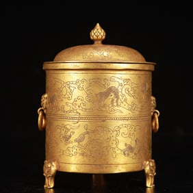 An Exquisite Gilt Bronze Animal Pattern Beast-Ears Tripod Jar with Cover