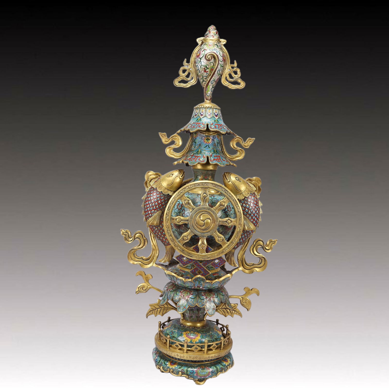 A Huge Cloisonne Lotus and Fish Pattern Ornament: A Huge Cloisonne Lotus and Fish Pattern Ornament,Qing Dynasty, China,Qianlong Four-character Mark,Size:15.7inx7.9inx31.5in,Weight:24300g 景泰蓝缠枝莲鱼纹