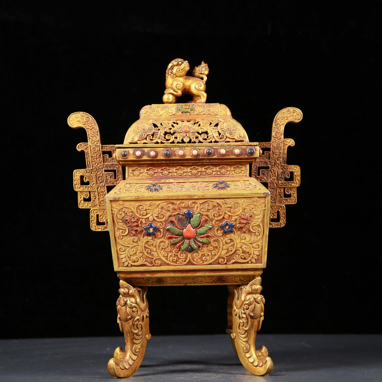 A Rare Gilt Bronze Inlaid Gems Lotus Pattern Double-ears Censer: A Rare Gilt Bronze Inlaid Gems Lotus Pattern Double-ears Censer ,Qing Dynasty, China ,Qianlong Four-character Mark,Size:9.1inx5.1inx12.6in ,Weight:3275g 