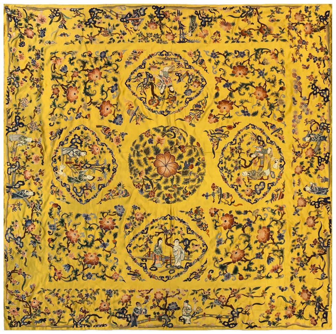 A Precious Seed Embroidery Flower and Figure Pattern Tablecloth: A Precious Seed Embroidery Flower and Figure Pattern Tablecloth, Qing Dynasty,China, Size:62.2inx62.2in