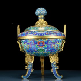 A fine cloisonné 'Lotus and animal mask' amphorae and tripod stove with lid