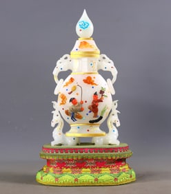 An Exquisite White Jade Figure and Story Pattern Bottle,Inlaid Gems