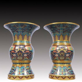 A Pair of Exquisite Cloisonne Lotus and Beast-Face Pattern Vases