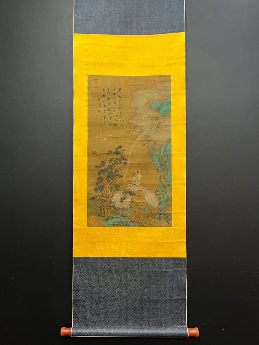A Chinese Vertical Scroll Ink Painting of Landscape and Figure on Silk: A Chinese Vertical Scroll Ink Painting of Landscape and Figure on Silk,Zhao Mengfu,Size:14.2inx26in 