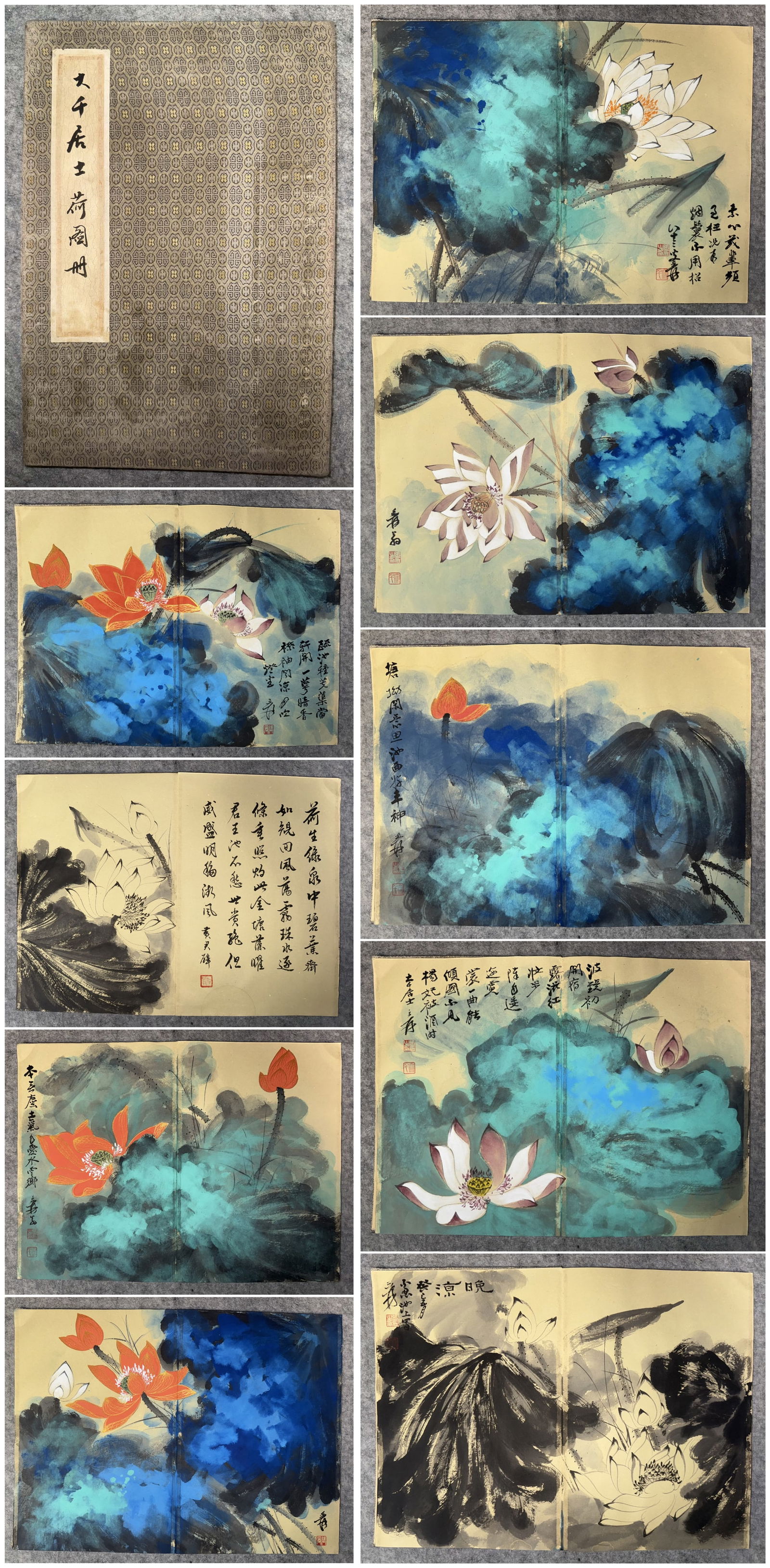 A Chinese Album Ink Painting of Lotus on Paper: A Chinese Album Ink Painting of Lotus on Paper,Zhang Daqian,Size:(Single)13inx17.7in,(Album)13.4inx9.1in 一本中国水墨荷花画册,张࣪
