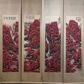 A Set of Chinese Vertical Scroll Ink Painting of Landscape on Paper
