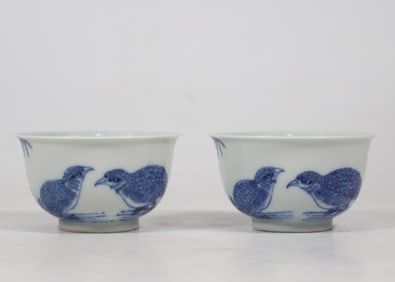 A Pair of Exquisite Blue and White Quail Pattern Cups
