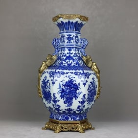 A Huge Blue and White Flower and Fruit Pattern Inlaid Bronze Figure Double-Ears Vase