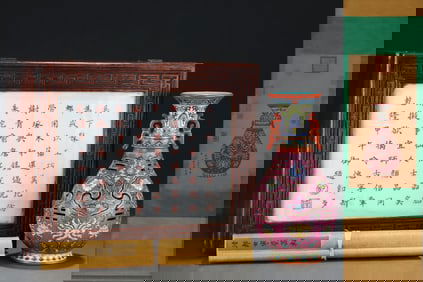 A Rare Enamel Lotus Pattern Double-Ears Vase,with Chinese Vertical Scroll Ink Painting on Silk