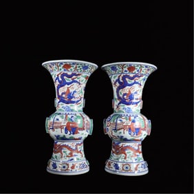 A Pair of Huge Blue and White Wucai Auspicious Cloud and Dragon Pattern Vases