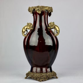 A Huge Flambe Glazed Inlaid Bronze Beast-Ears Vase