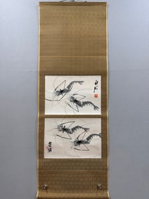 A Chinese Vertical Scroll Ink Painting of Shrimp on Paper