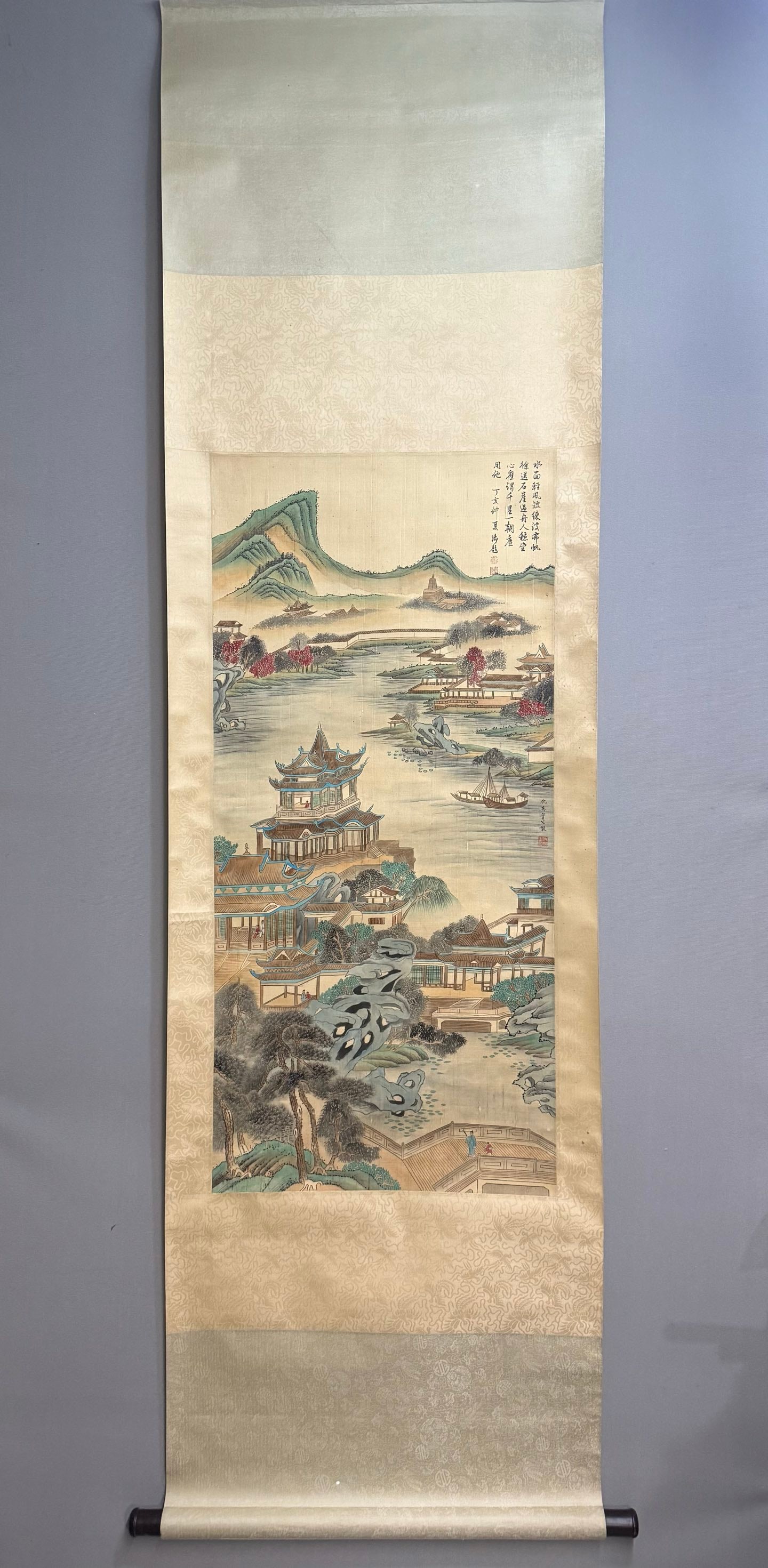 A Chinese Vertical Scroll Ink Painting of Landscape on Silk (1 of 8)