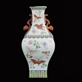 A Rare Famille-Rose Painted Gold Flower and Butterfly Pattern Double-Ears Vase