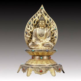 A Rare Gilt Silver Statue of Sakyamuni,Inlaid Turquoise
