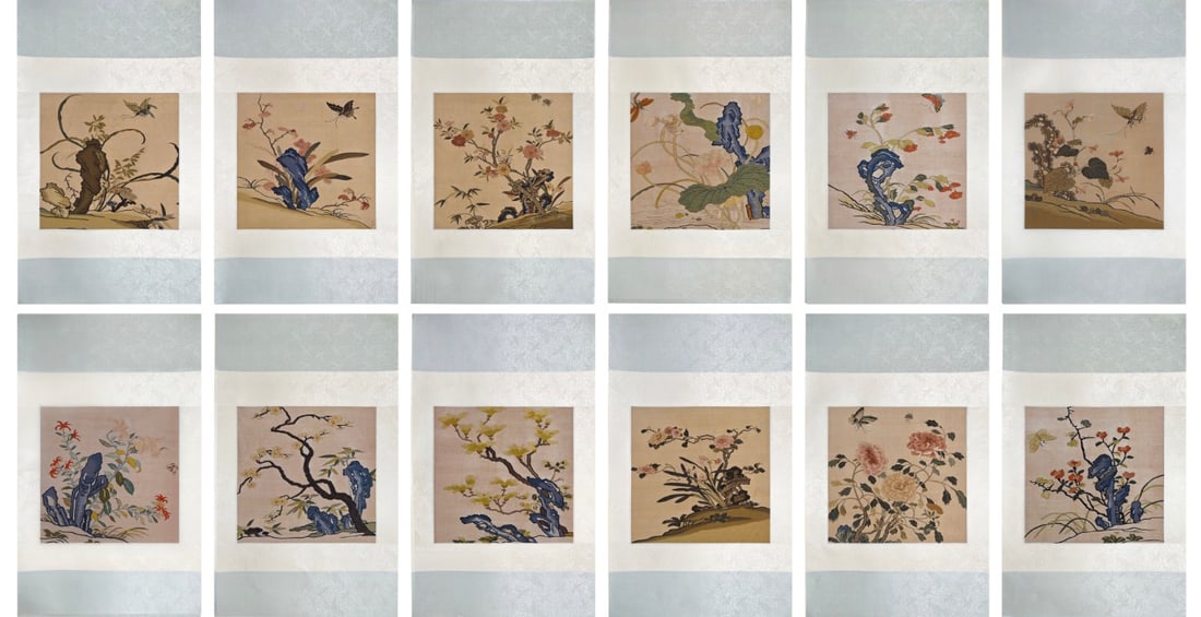A Set of Twelve Gods of Flowers and Birds in Kesi: set of twelve flower gods with flower and bird patterns on Kesi in the Qing Dynasty. This set includes twelve pieces of Kesi fabrics, each embroidered with a different image of the flower gods, which