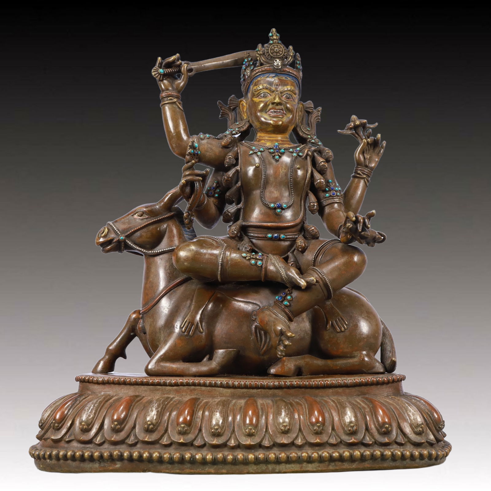 A Solemn Bronze Statue of Manjusri,Inlaid Turquoise: A Solemn Bronze Statue of Manjusri,Inlaid Turquoise,Ming Dynasty, China,Size:13.4inx7.1inx16.1in,Weight:12100g 