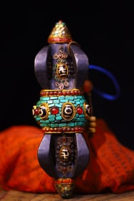 A Rare Meteorite Inlaid Dzi Bead and Turquoise Ornament