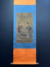 A Chinese Vertical Scroll Ink Painting of Figure and Story on Silk