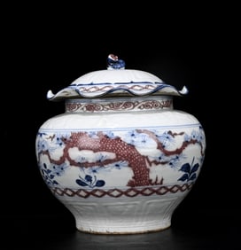 An Exquisite Blue and White Underglaze-Red Pine,Bamboo and Plum Blossom Pattern Jar with Cover