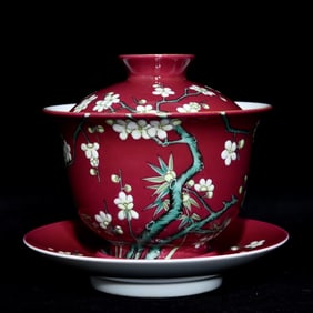 An Exquisite Ruby Red Glazed Famille-Rose Flower Pattern Bowl with Cover,with Plate