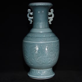 A Huge Celadon Glazed Dragon and Phoenix Pattern Double-Ears Vase