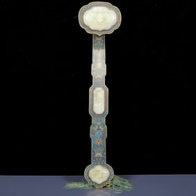 A Huge Cloisonne Inlaid White Jade Bats and Peach Pattern Ruyi