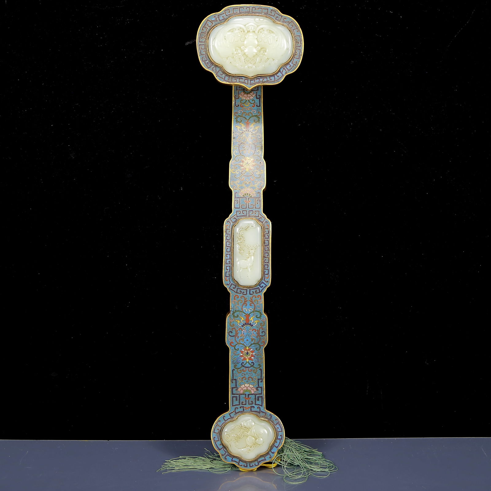 A Huge Cloisonne Inlaid White Jade Bats and Peach Pattern Ruyi: A Huge Cloisonne Inlaid White Jade Bats and Peach Pattern Ruyi,Qing Dynasty, China,Qianlong Four-character Mark,Size:18.9inx4.3inx2.8in,Weight:1110g 