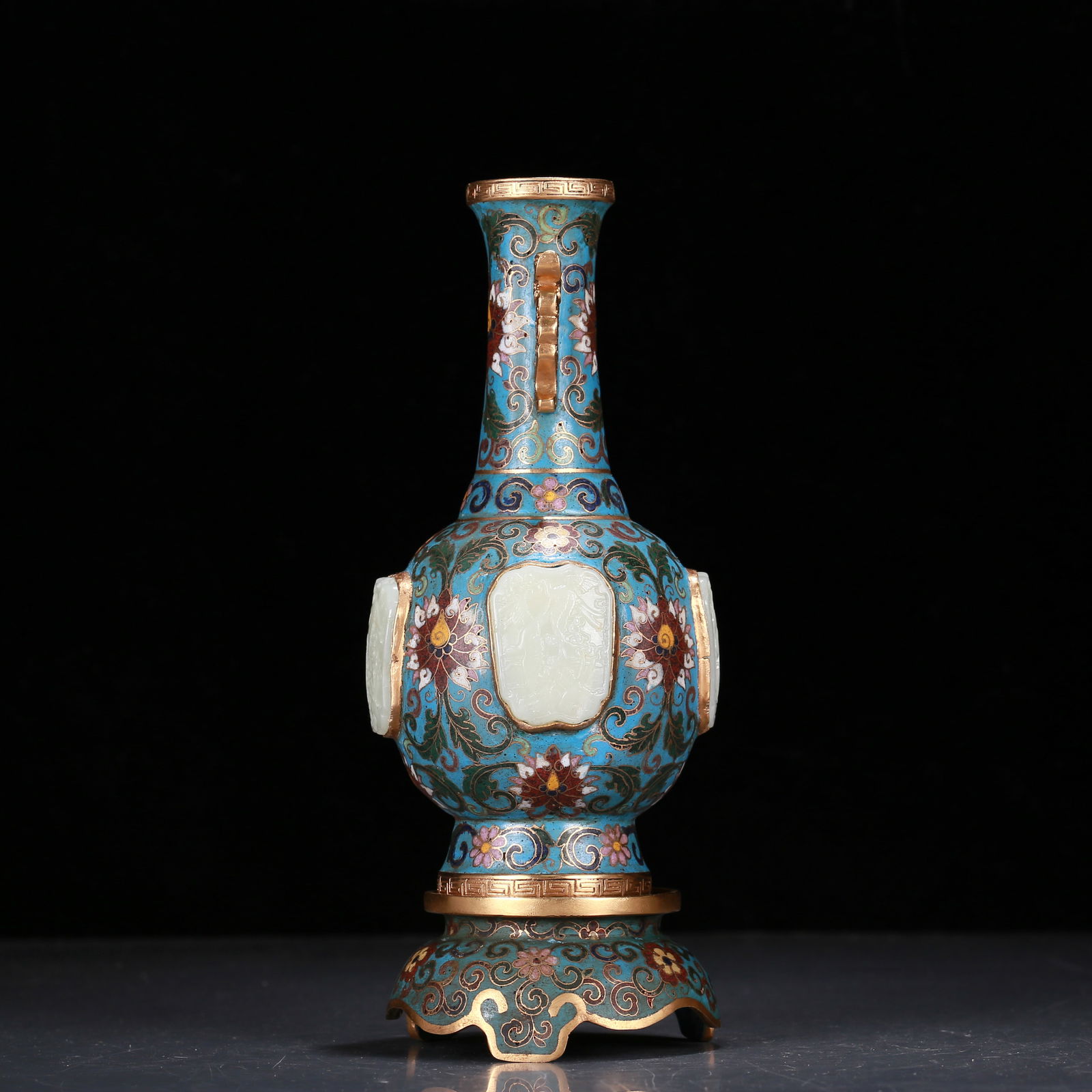 A precious cloisonné vase inlaid with white jade with flower and bird patterns: A precious cloisonne inlaid white jade vase with flower and bird patterns, Qing Dynasty, China, Qianlong four-character mark, Size: 3.3inx8.7in; Weight: 675g 
